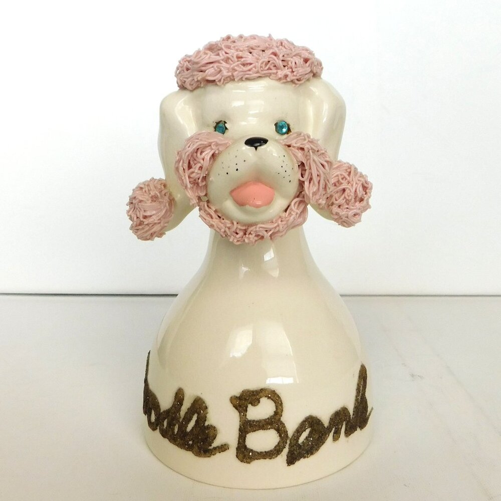 VTG Ceramic Poodle Bank with Rhinestone Eyes Spaghetti Pink Hair Signed